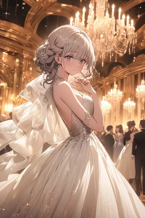 A beautiful woman standing gracefully in an elegant ballroom with luxurious chandeliers and warm lighting. She has medium-short, ash-gray hair styled in a soft inward curl, with her hair naturally framing her face. She is wearing a stunning, glittering eve...