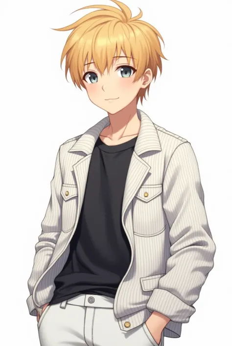  a teenage boy with short blond hair and gray eyes,  wearing a black shirt , wearing a white corduroy jacket and white pants , The background that is white, style/version anime