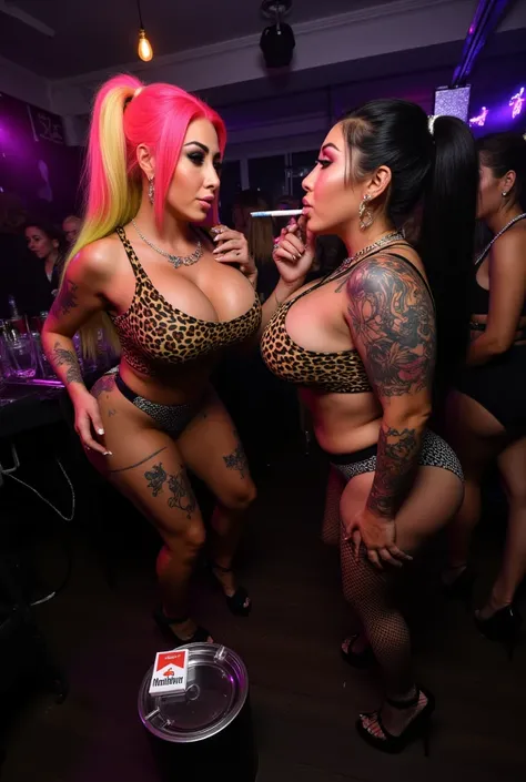 Two slutty trashy chavs, holding cigarette, pack of cigarettes, ashtray, Marlboro, smoking chav bimbo, very fake tan, huge fake lips, huge fake breasts, fake booty, skinny, tattoos, milfs, leopard print, arguing, fur, fur coat, latex, no nudity, fighting w...