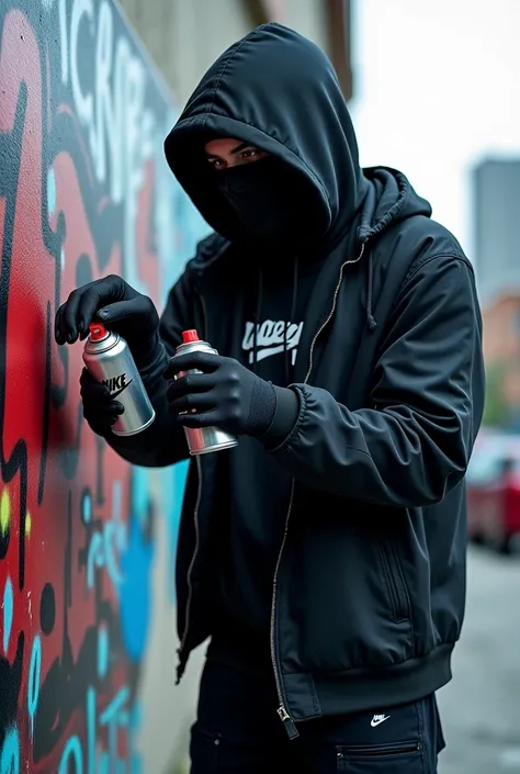 Hooded graffiti artist with balaclavas,  black gloves, Painting graffiti, Nike T-shirt, Nike pants , 