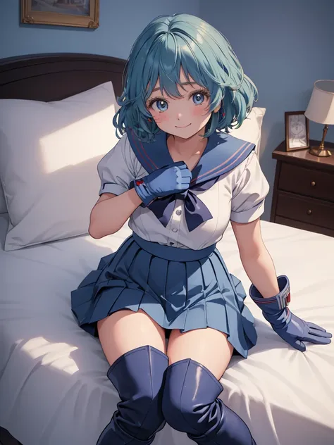  top quality 、(masterpiece:1.2)、 very detailed、女の子One person、One person、２０age、 Watch Viewers 、smile、Mid-chest、Teary-eyed、 blue hair、 short hair with shadows、Perm Hair、bedroom、(( Sailor Mercury))、(( long gloves Ini skirt )、(( knee-high boots))、 sit on the b...