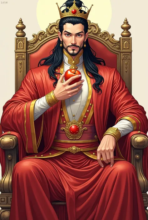  drawing style :  casual style.
semi-realistic with comic and Manhua influences ,  soft shades , clean lines,  subtle textures ,  vivid color palette . reason: male  ruler, graceful, powerful, magnificent crown ,  red clothing with golden details ,  styliz...