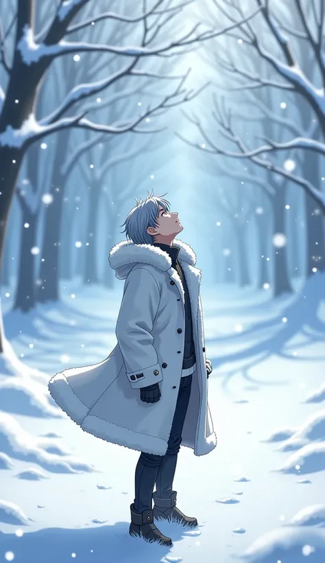  A young man in a thick white fur coat is standing in the snow, The silhouette is dark , The young man has gray hair , The young man is looking up at the sky,  Its snowing from the sky , Snow particles, Snowstorm,  Animated Art ,  anime style art, 