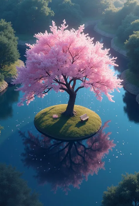  Aerial view of a pond with a tree and bench in the center, a picture by Katsukawa Shunei, Pexels, creation,  Dynamic lighting of the cherry blossom season , Cherry Tree々, sakura season, cherry blossomss, cherry blossoms rain everywhere, cherry blossoms tr...