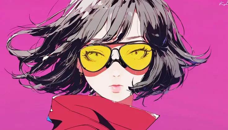 An anime girl wears sunglasses in her hair,   Gways-style artwork  ,  digital illustration style ,  Anime-style illustrations for  ,  anime style 4k, Yellow Eyed , Shining Eyes,  anime style . 8k, Written by Ku Lei Lei, author： hero ,  Persona 5 art style ...