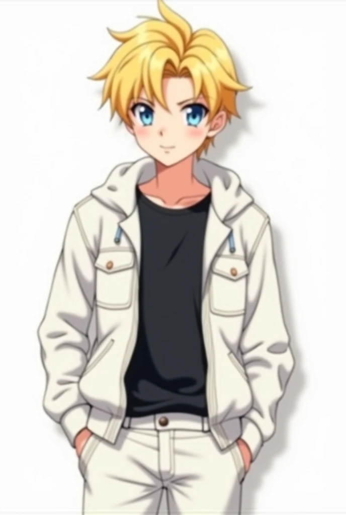 a teenage boy with blond hair and blue eyes,  wearing a black shirt , wearing a white corduroy jacket and white pants , The background that is white, style/version anime