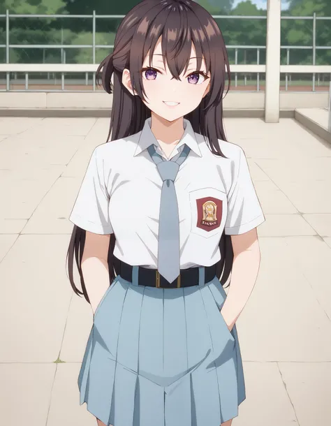 Masterpiece, hd, best quality, yukisuou, long hair, bangs, brown hair, black hair, hair between eyes, purple eyes, half updo , medium breasts,, Indonesia high school uniform, wearing white collared shirt, short sleeves, light blue skirt, pleated skirt, lig...