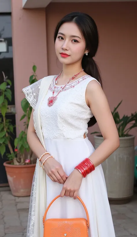 Ak ladki ko Badlo sa Bana Chand par bethi ha, Usna white color ka beautiful sa salwar suit phana ha, Pura asman purple or orange color ka hora RA kha ha, us ladki na Kuch chamak ta ghana or bracelet bhi phana ha Jo ki red color ka ha,