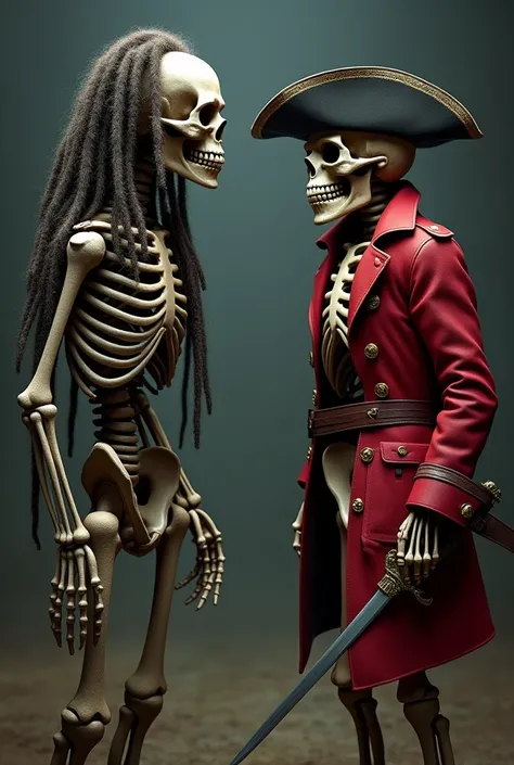 King skeleton that has locs taking off smiling mask to reveal his frown underneath ready to battle A pirate skeleton wearing a red trench coat and tricorn hat 