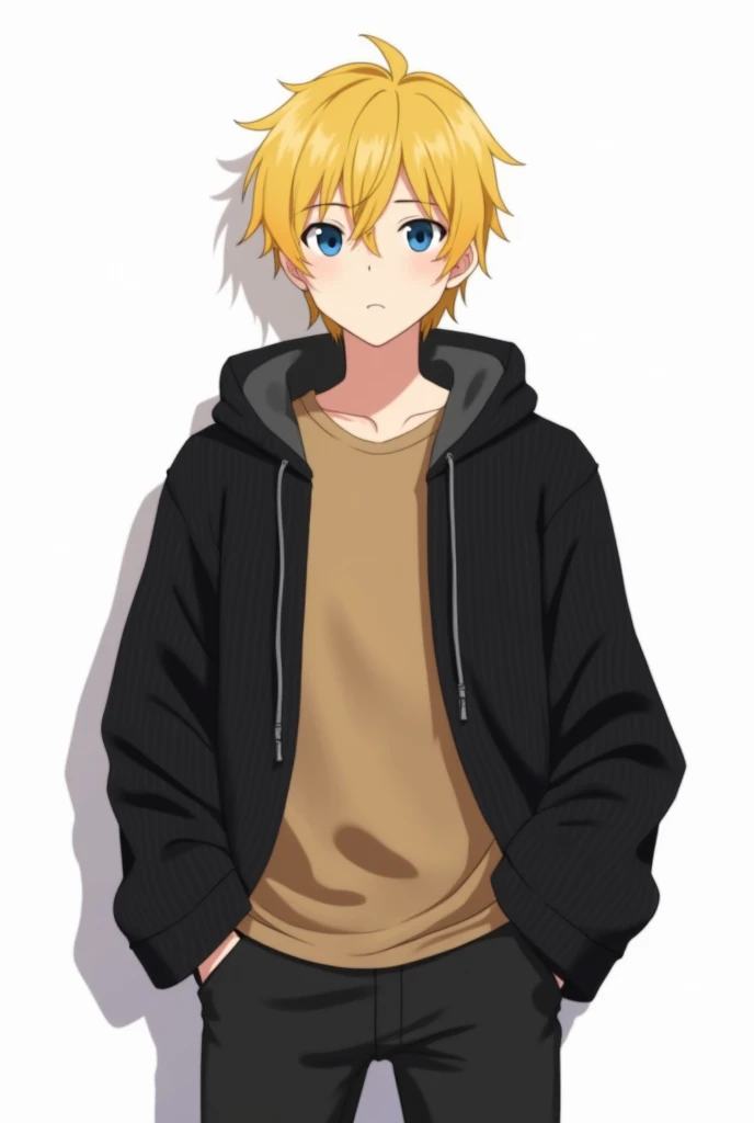 an 18-year-old teenage boy with strong blond hair almost straight down yellow and blue eyes, wearing a khaki shirt ,  with a black corduroy jacket and black pants , The background that is white, style/version anime