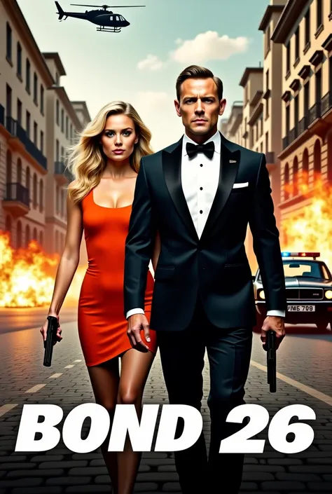 Create a poster for the movie "BOND 26" with Henry Cavill,Margot Robbie.The movie title: "BOND 26" is written in bold, white letters, creating a highlight at the bottom of the poster.:The poster has an action style, with two main characters, a man and a wo...