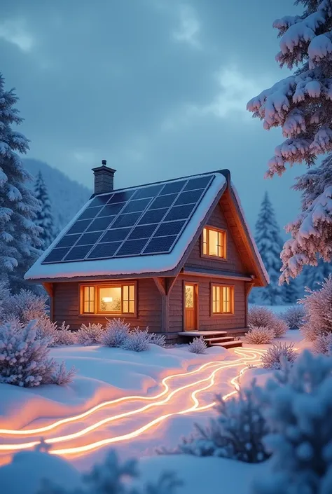 a house with solar panel on the roof and the electricity ligths arond the house which shows the electricity cmming to home through the solar and the background is snowy show like winters 