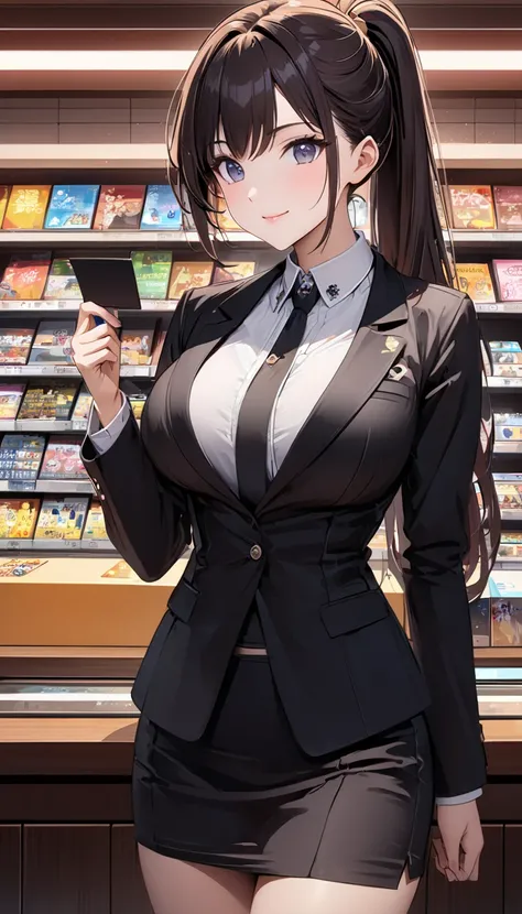   top quality 、 Ultra-high precision 、Detailed view、  vivid colors、Alone、 beautiful girl 、Impressive composition、Age 30、jewelry store、 checkout counter、 ponytail、Hold a credit card in your right hand、 looking at camera、 Black Suit 、 ties、 skirt 、Beautiful ...