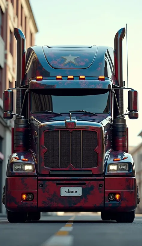 Mid view of A combination of a truck and superhero captain America face infront and muscular arms, The truck features is based on captain America costume scheme with intricate patterns on its whole body, super detailed environment, high detailed, 8k, maste...