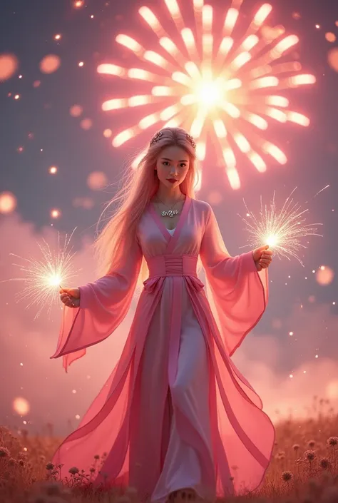 3d realistic image, A beautiful photogenic woman standing, with long pink hair, pink lipstick, wearing a necklace that says "s", wearing a beautiful long navy Chinese hanfu pink white, walking while holding fireworks, field background fireflies and red che...