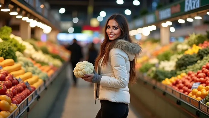 A 35-year-old, pretty woman stands in front of a vegetable counter, we see her from the side. She turns to us and smiles, holding a cauliflower in her hand and showing it to us. On either side of her are counters with various vegetables and fruits. The wom...