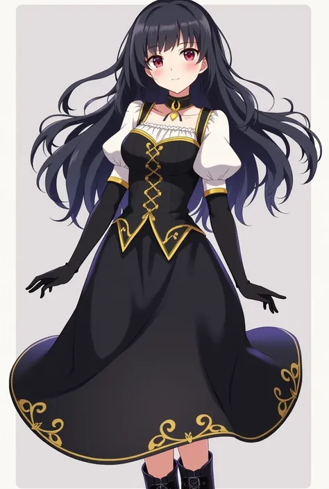 An anime girl with black long, wavy hair with slightly curled ends, left to flow freely past the shoulders, short posture, cup c breast, beautiful face, wearing:Top: Black busted bodice with elegant gold pattern. Equipped with white puff sleeves which add ...