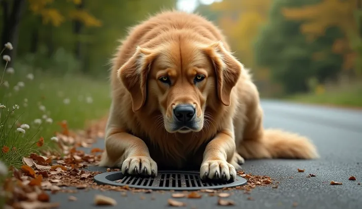 create a 16x9  .  scale image of a large golden retriever sitting on the side of the road .  the dog bent down looking at the drain in front of him as a precaution and growling