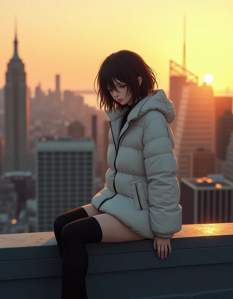 Medium shot of a young woman with her hair cut into a messy dark brown bob. She is sitting on a roof ledge in New York at golden hour. She is wearing a white puffy coat and black thigh-high socks. She has small breasts and a big butt