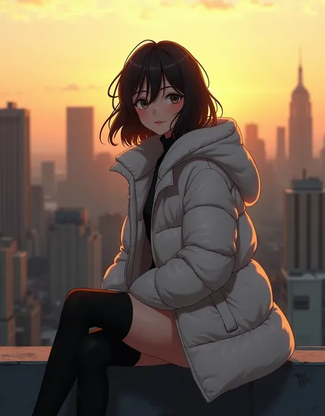 Medium shot of a young woman with her hair cut into a messy dark brown bob. She is sitting on a roof ledge in New York at golden hour. She is wearing a white puffy coat and black thigh-high socks. She has small breasts and a big butt