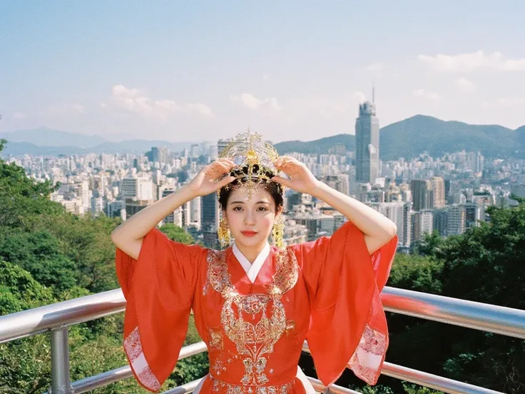 A Hong Kong woman is wearing a national costume and taking a commemorative photo with the Hong Kong cityscape in the background　Im making a heart with my hands on my head　Negative film style photographs from the 1990s