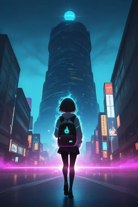 "An abstract representation of a lone figure walking along a neon-lit urban landscape, carrying a backpack. The surroundings are a mix of futuristic skyscrapers and digital billboards. A glowing, glitch-like aura surrounds the figure, symbolizing endless p...