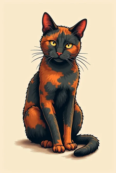 An old school tattoo of a tortoiseshell cat with a sock 