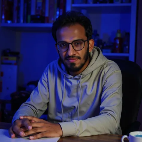 an pakistani 23-year-old man, 150cm tall and weighing 63kg, working as a content creator. He is sitting in a cozy room with a dark background festuring an aesthetic art with blue light. He has a thin beard and thin mustache, and is wearing a grey hoodie. H...