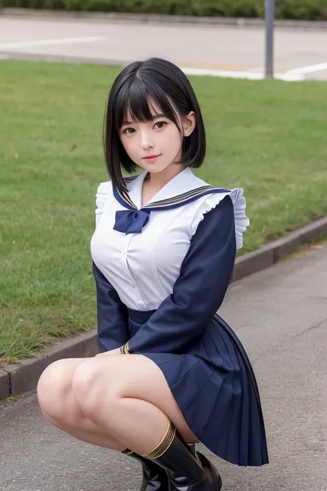 (8k、      RAW photos   、   top quality、masterpiece   :1.2)、(    realistic   、    realistic   )、1 person、 the navy blue sailor suit  、 red ribbon 、 navy blue pleated skirt、  BLACK LEATHER LONG BOOTS  、 cute Japanese middle school girl with gold decoration 、...