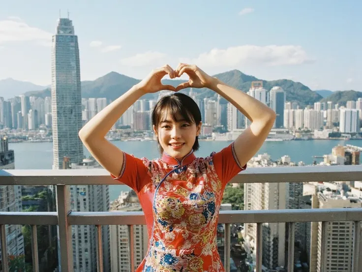 A Hong Kong woman is wearing a national costume and taking a commemorative photo with the Hong Kong Neon Street skyline in the background　Im making a heart with my hands on my head