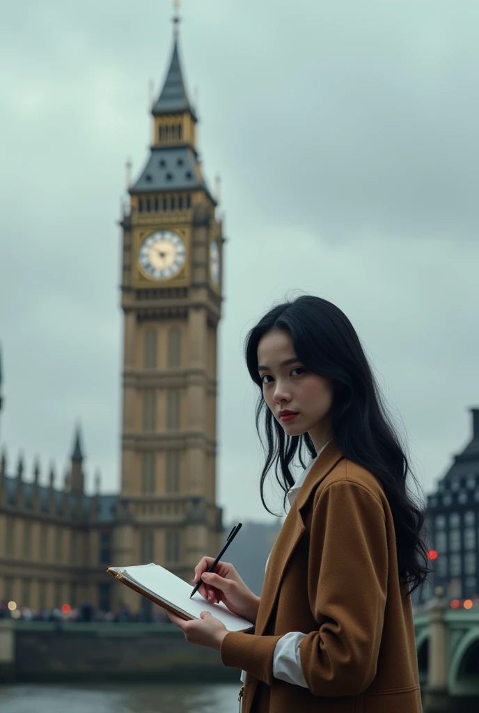 Young white woman,  black-haired , drawing in front of Big Ben, with cloudy sky