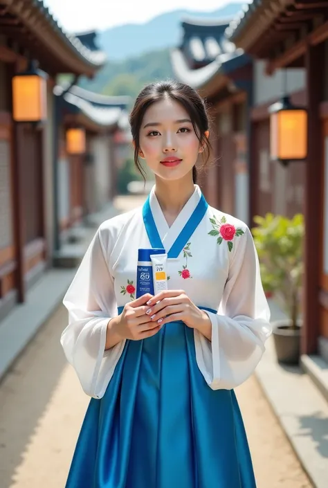 
, a Korean woman wearing an antique Korean hanbok dress, ,  on the white upper body, and a blue ribbon and a red rose pattern ,, the lower part, a blue skirt , Translucent sleeves ,  holding a tube of sunscreen lotion, has the word BlinkBlink indicated on...