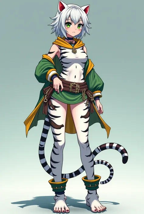 Vireya Kaltnara is an anime character who has an ideal female posture ,  has shiny dark green eyes , has a tiger-like tail ,  and has a white-skinned body like a white tiger , she has accessories on her and her hands have claws and also has fangs like tige...