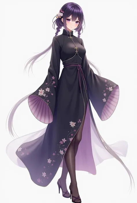 Yuki wears a black and purple Chinese dress, with thigh-high stockings and cute sandals. Its relatively modest and not revealing