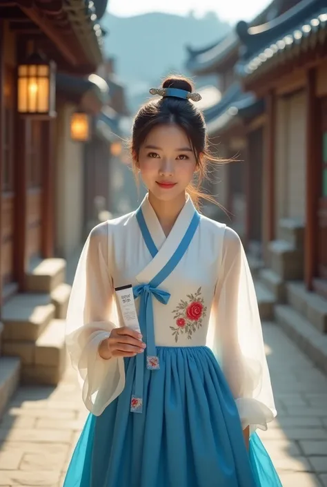 
, a Korean woman wearing an antique Korean hanbok dress, ,  on the white upper body, and a blue ribbon and a red rose pattern ,, the lower part, a blue skirt , Translucent sleeves ,  holding a tube of sunscreen lotion, has the word BlinkBlink indicated on...