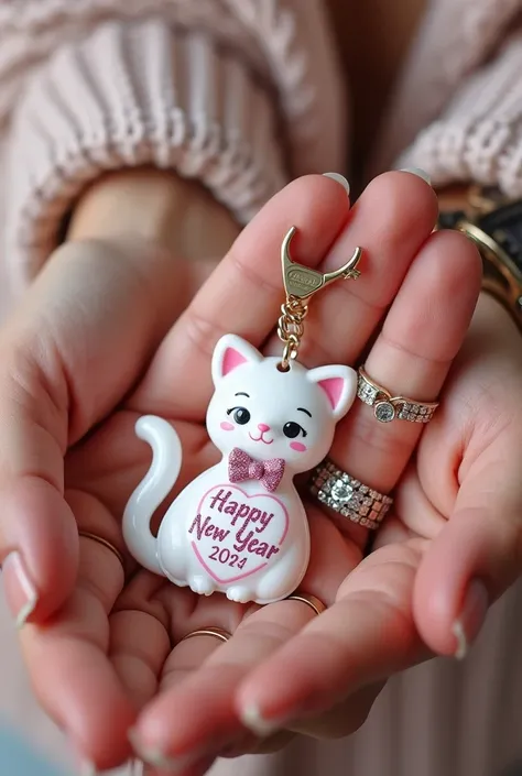 Create a close-up design of a feminine keychain featuring a cute white cat with a pink bow and heart, styled with glittery accents. Include a Happy New Year message with the name Sidra in bold glittery pink text. The keychain is placed on a hand with a lux...