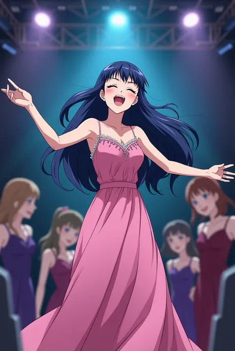 Anime woman with long navy blue hair and long pink dress singing in love in love on an old television show with an audience and with chorister girls.