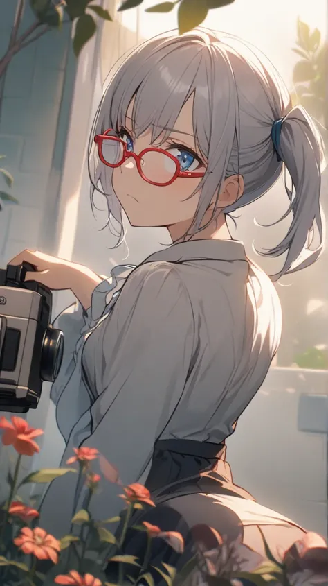 1 girl,  Grey Hair,   blue eyes, side ponytail, red rimmed glasses、Hold the camera、prone、A flower in front of me、miniskirt、from behind、frown