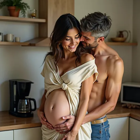 A kitchen romance scene. A gorgeous fair skinned 35 year old indian woman in a loosely draped cotton saree and short sleeve blouse is standing in kitchen facing a coffee maker. She is curvy with a soft beautiful belly and deep round navel . Her hair is loo...