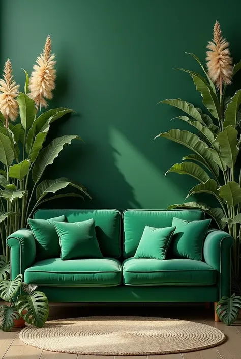 Make me a picture of a sofa in green with a zamo folia and yucca flowers.