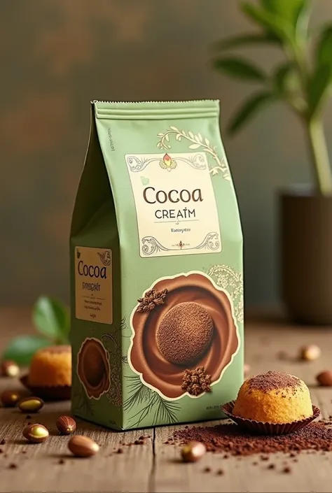 Cocoa packaging with pistachio cream filling and Kadayef in green, brown and cream colors with a picture of cocoa on the packaging