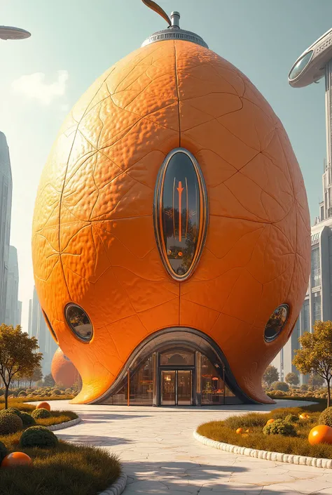 A highly detailed, hyperrealistic, 16k resolution image of an orange-shaped building with intricate architectural details, masterfully rendered with a photorealistic style, and exceptional clarity. sci-fi , futuristic, Hd,