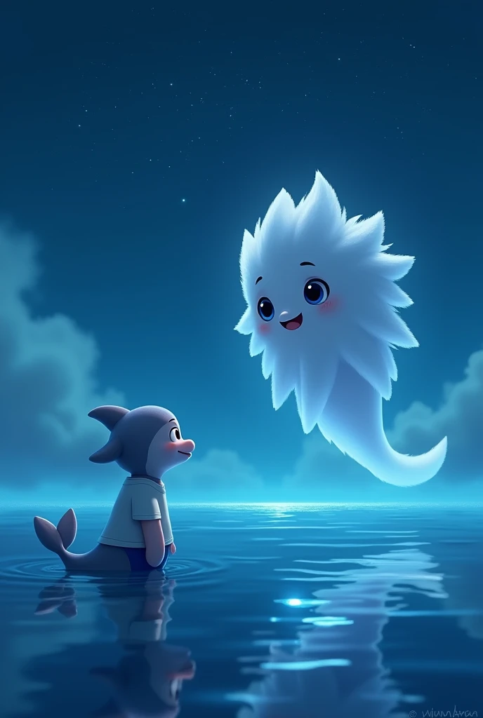 A cute Pixar-style dolphin cub named Finn with a large fluffy mane, big blue eyes, wearing a white t-shirt and blue shorts, watches as the ghost fades peacefully into the ocean. Finn smiles softly, swimming back toward his pod as the calm, glowing sea refl...