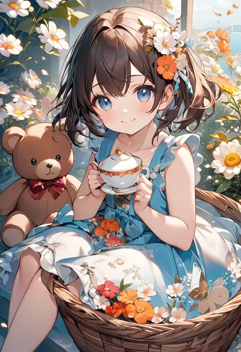 anime smiling girl sitting in a basket with a teddy bear and tea, anime visual of a cute girl, cute anime girl, kawacy, cute anime, kantai collection style, trending on cgstation, splash art anime loli, anime illustration, young anime girl, (anime girl), b...