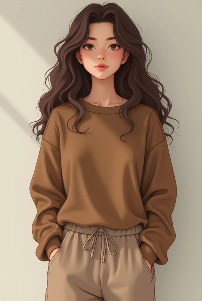  girl, brown long sleeve shirt, cleavage, long curly brown hair, a-cup boobs, sweatpants, 