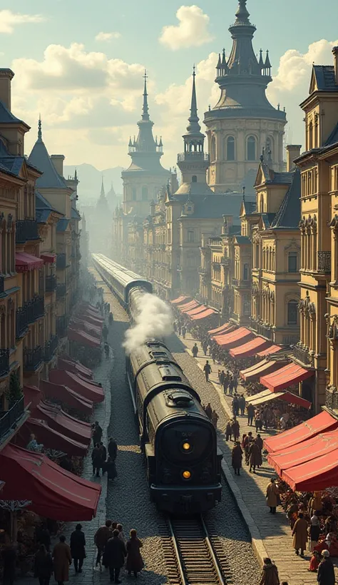 A reimagined 19th-century Europe with advanced technology: steam-powered trains crisscrossing modern cities, grand architectural designs blending classical and futuristic styles, and bustling markets filled with innovation. The scene is vibrant, showcasing...