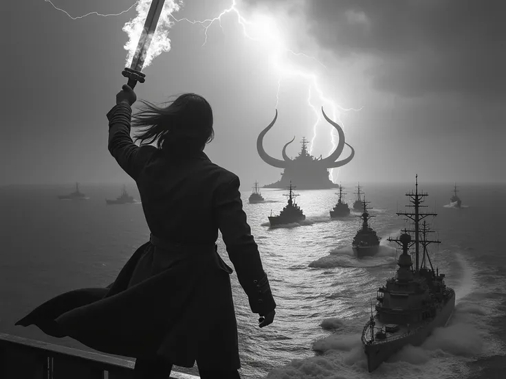 Surreal black and white photo, the back of a man with shoulder-length hair fluttering in the wind, wearing a military uniform, strongly raising a flaming sword, standing on the side of a ship. Below are 20 modern warships deployed. In the distance is an is...