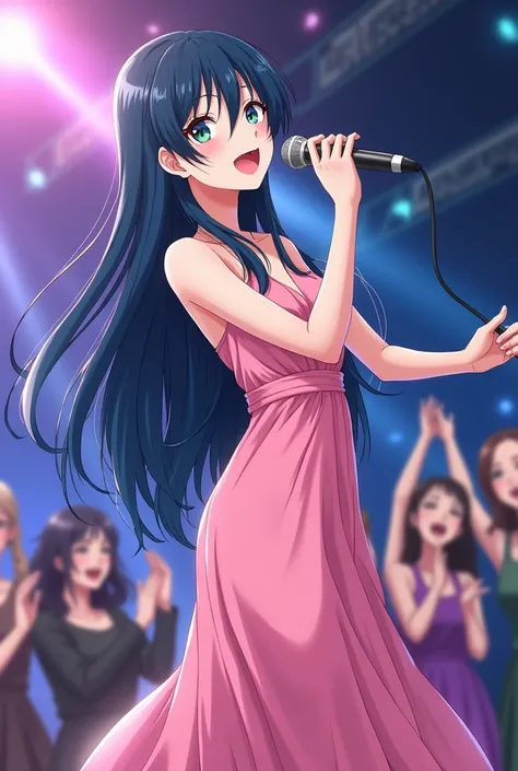 Anime manga drawing of a woman with long navy blue hair and long pink dress singing with a microphone and in love on a radio program with a live audience and with her backing singers