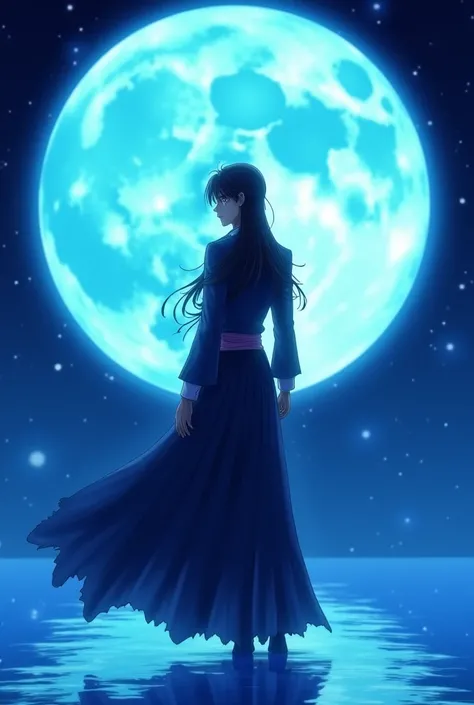 Very detailed、 very beautiful 、8k、 top quality 、The background is the blue moon 、Mysterious、 Fantastic、 Yamato Takeru、Susanoo no Mikoto、 the prince standing with a pale aura against the blue moon in the background、 long hair、 dark eyes、 looking into the di...