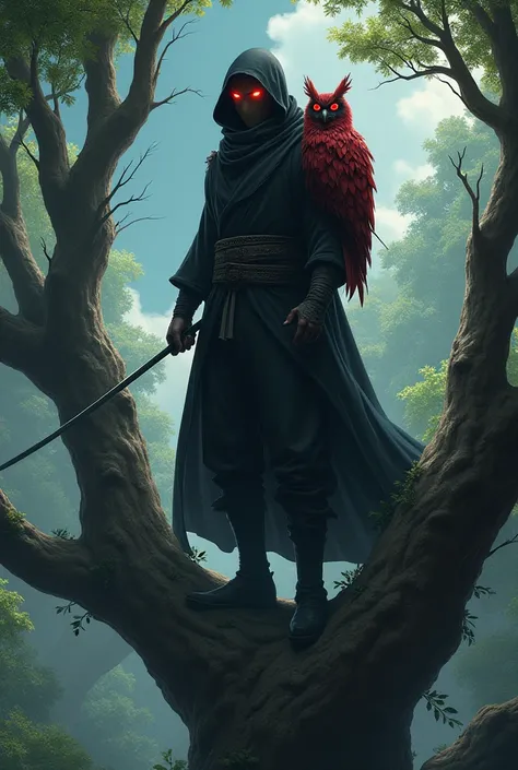 A male ninja in black with a flaming red eye was standing on a very tall tree and a red feathered owl perched on the ninja. 